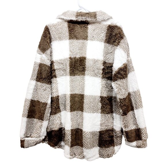 Merokeety Womens Size XL Plaid Sherpa Fleece Jacket Brown White Button-Up - Picture 14 of 14